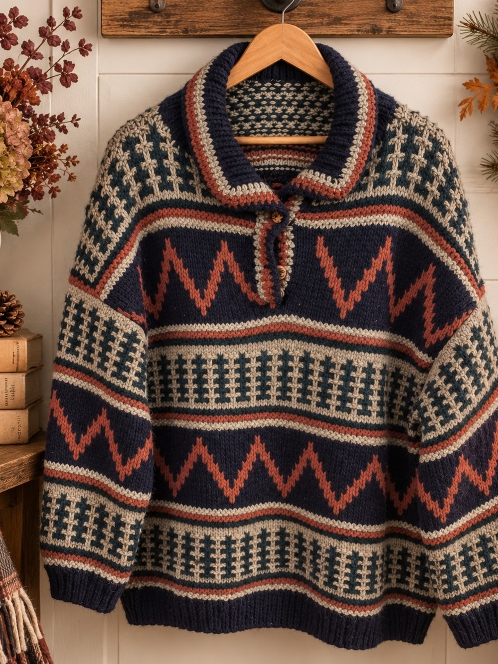 Handmade Heavy Wool Blend Nordic Fair Isle Shawl Collar Sweater